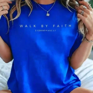 Summer Tops100% Cotton Walk By Faith Christian Bible Verse (Front And Back Design) T-Shirt Summer Tops For WomenLoose And Comfor