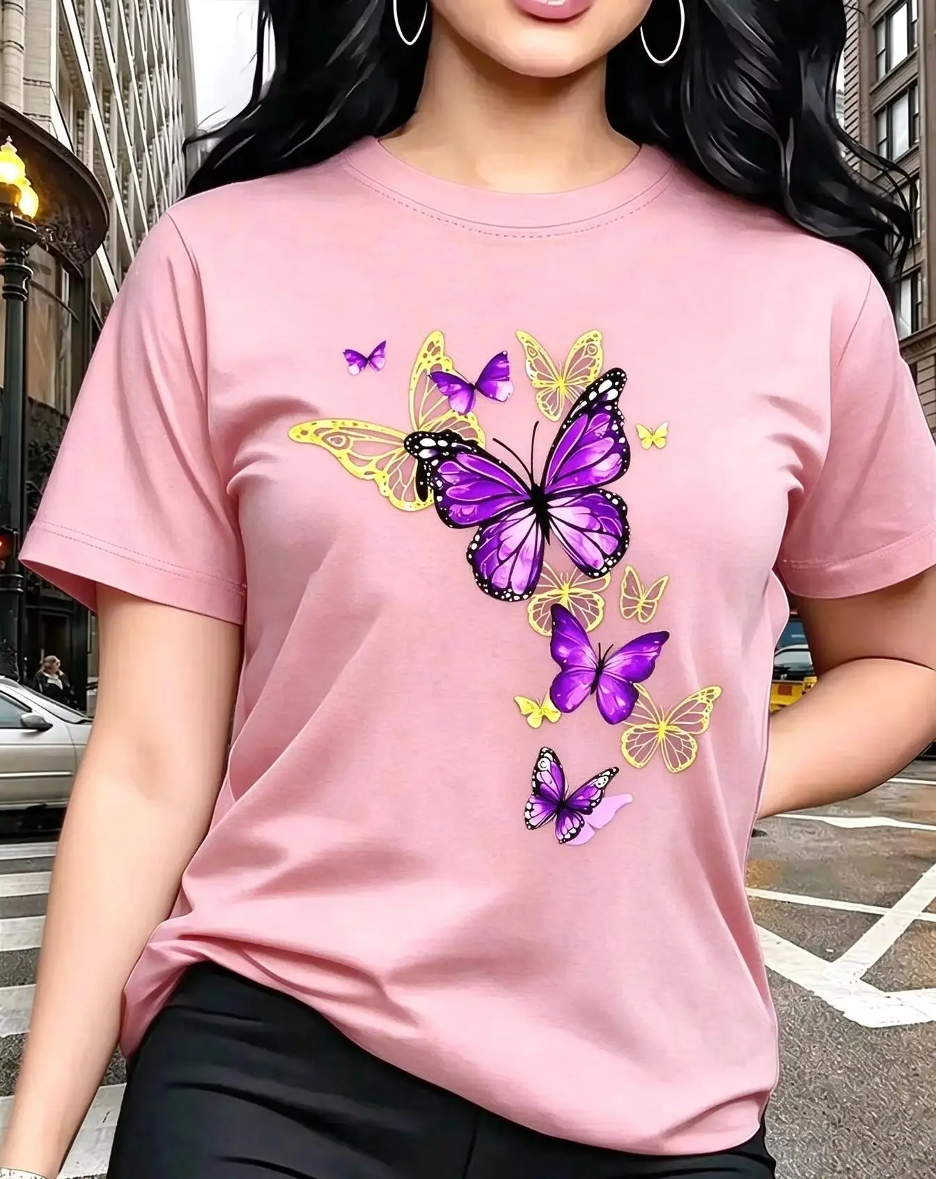 New T-shirt with Butterfly Pattern Print Round Neck Golden Element Design Exquisite and Gorgeous Breathable and Lightweight - Image 2