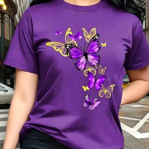 New T-shirt with Butterfly Pattern Print Round Neck Golden Element Design Exquisite and Gorgeous Breathable and Lightweight