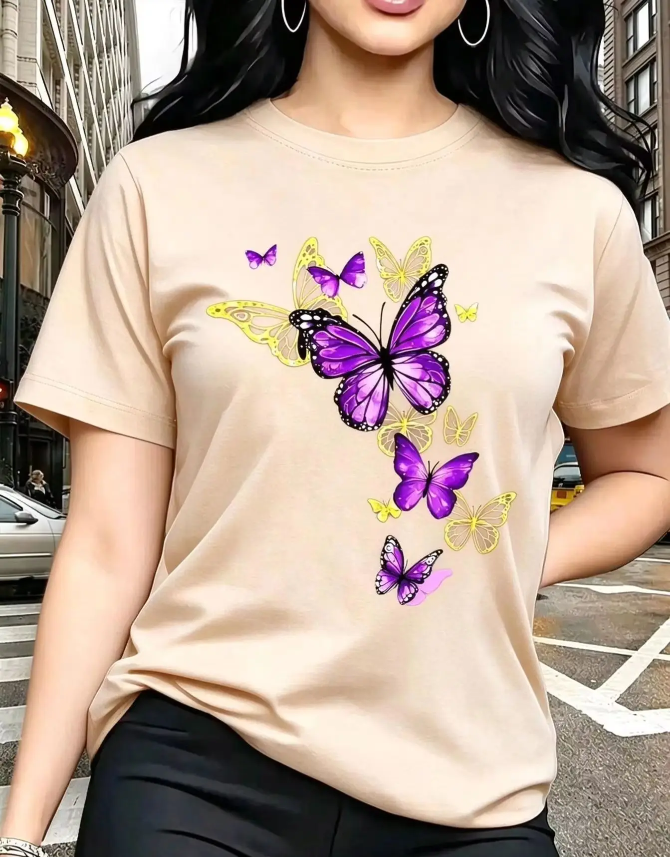New T-shirt with Butterfly Pattern Print Round Neck Golden Element Design Exquisite and Gorgeous Breathable and Lightweight - Image 4