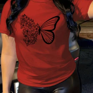 butterfly print t-shirt, short sleeve crew neck casual top for summer & spring, women's clothing