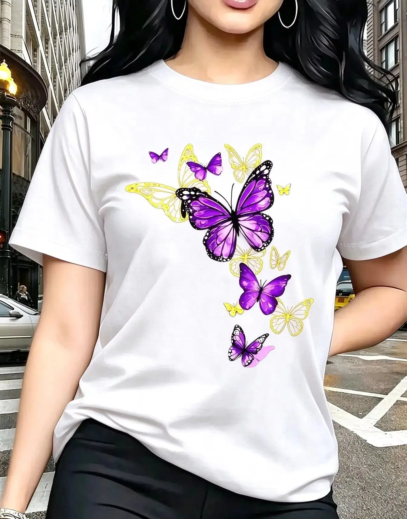 New T-shirt with Butterfly Pattern Print Round Neck Golden Element Design Exquisite and Gorgeous Breathable and Lightweight - Image 3